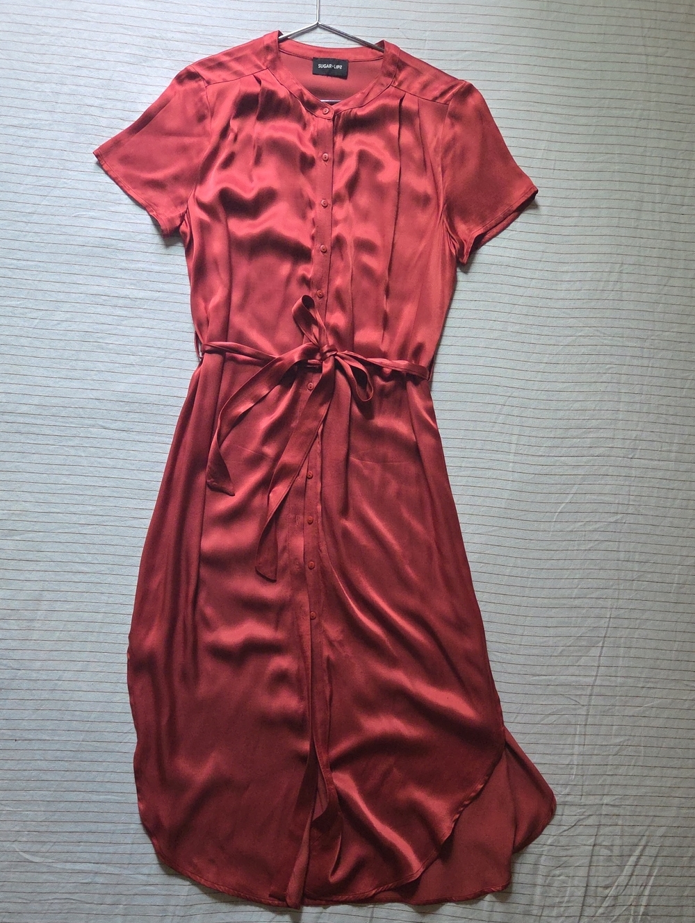 Satin Button-Front Midi Dress in Deep Brick